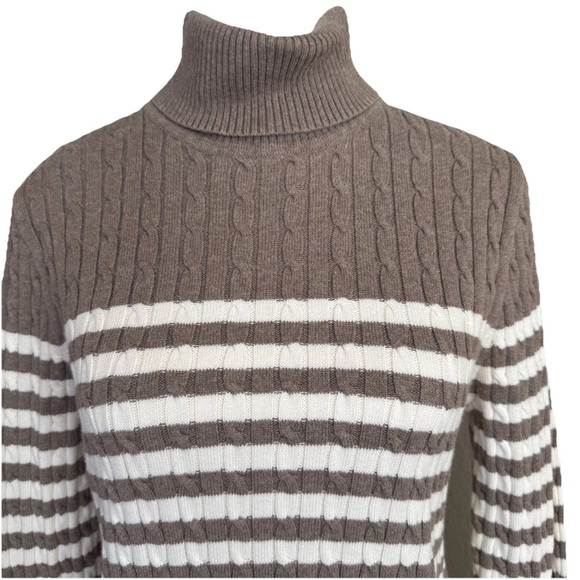 Jeanne Pierre Sweater Women's M Striped Cable Knit Turtleneck Brown White Fall - Picture 1 of 6